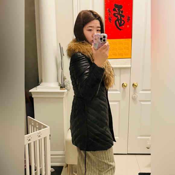 Genuine Lamb Leather with Real Fur Hood Down Jacket, Size L - Picture 14 of 14